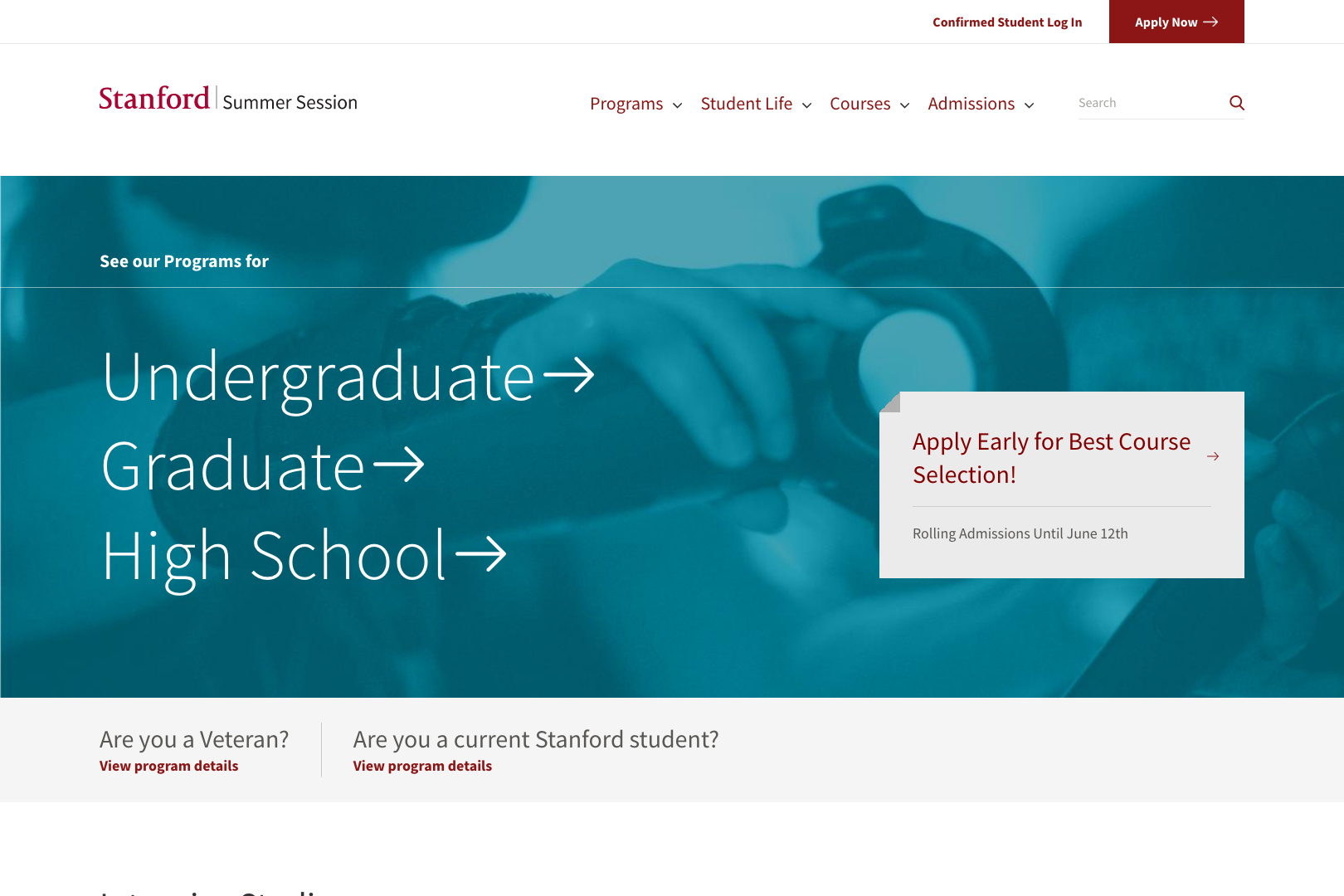 A screenshot of the Stanford Summer Session Programs page