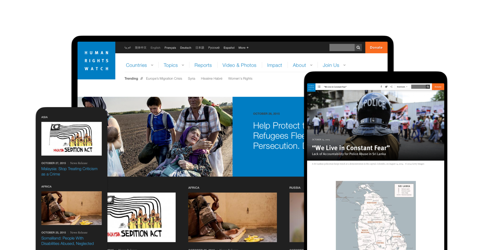Screenshots of the Human Rights Watch site on a phone, tablet, and desktop screen.