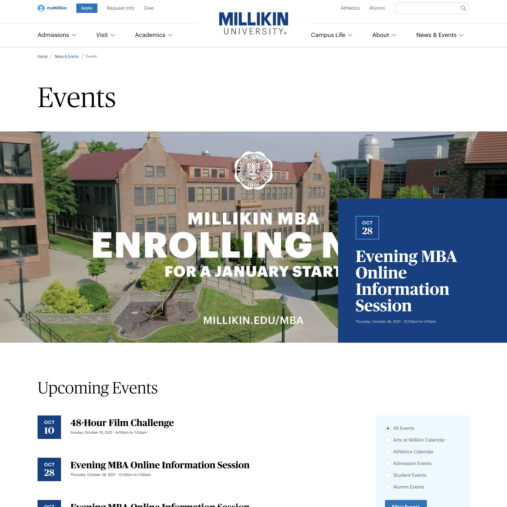 Millikin new site events page