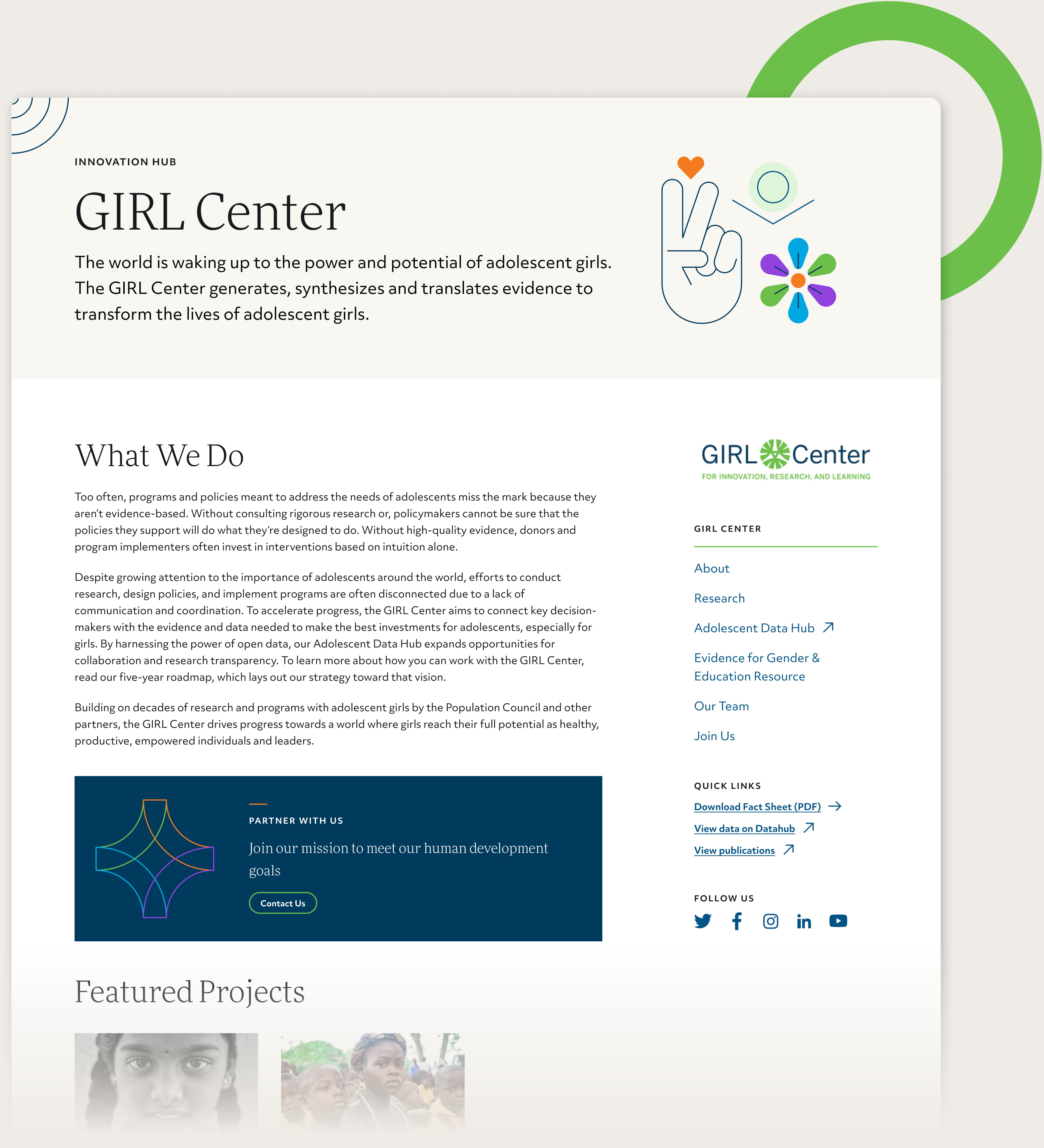 Example of an Innovation Hub landing page called GIRL Center