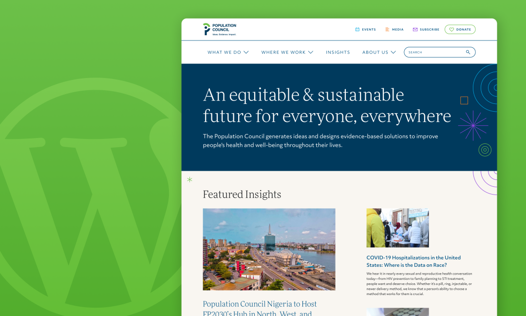 Screenshot of Population Council new website homepage next to WordPress logo on green background