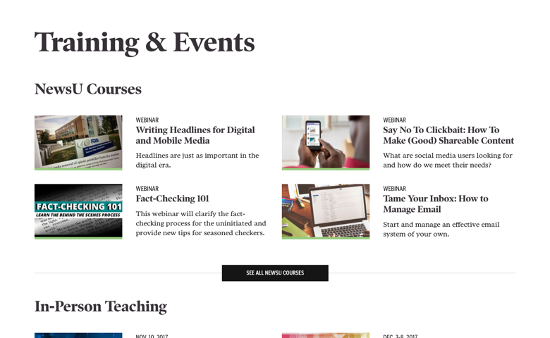 A screenshot of the Poynter Training & Events page