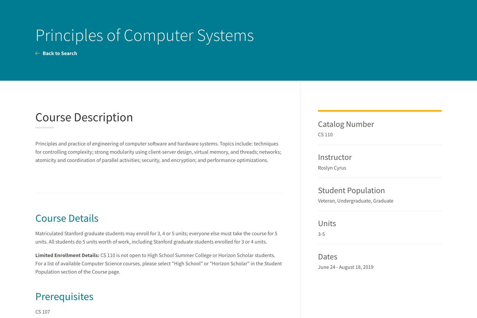 A screenshot of a Stanford Summer Session course page