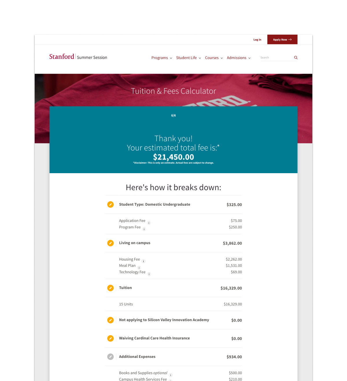 A screenshot of the Stanford Summer Session tuition calculator