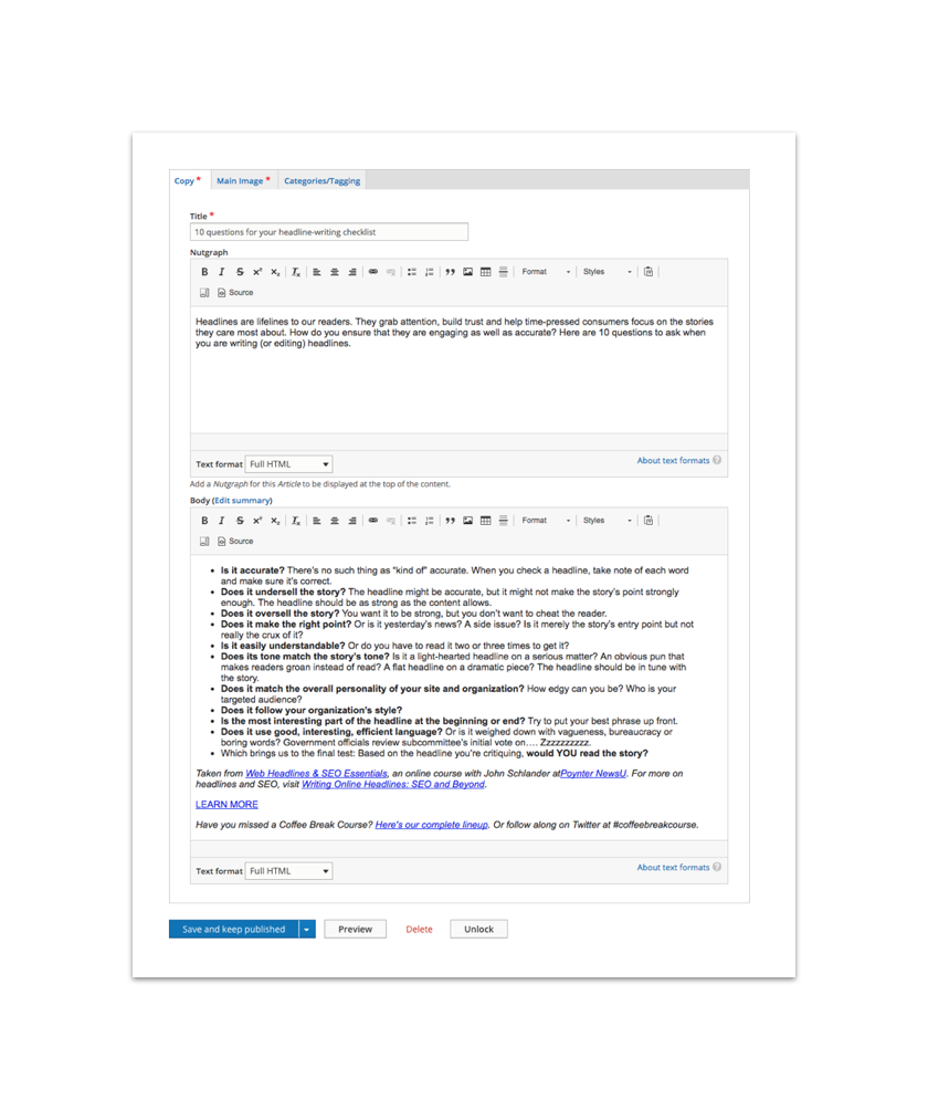 A screenshot of the Poynter.org authoring experience
