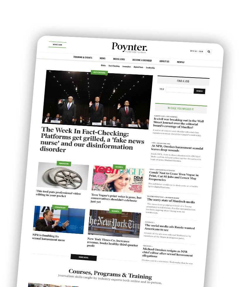 A screenshot of the Poynter home page on a tablet