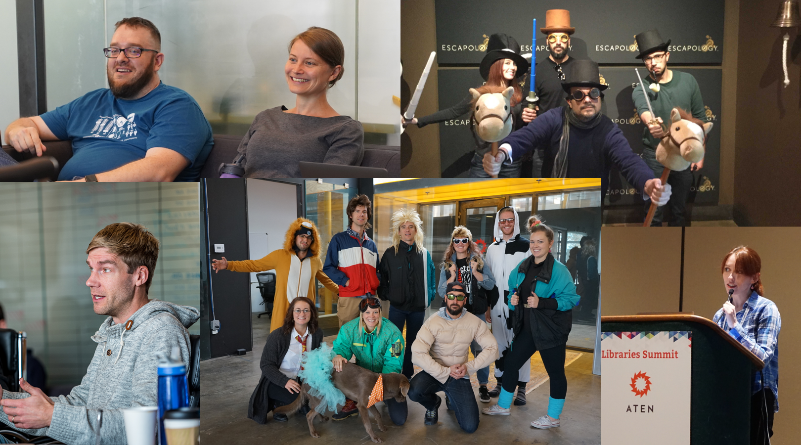 Photos of the Aten team at company summits, in Halloween costumes, and speaking at events.
