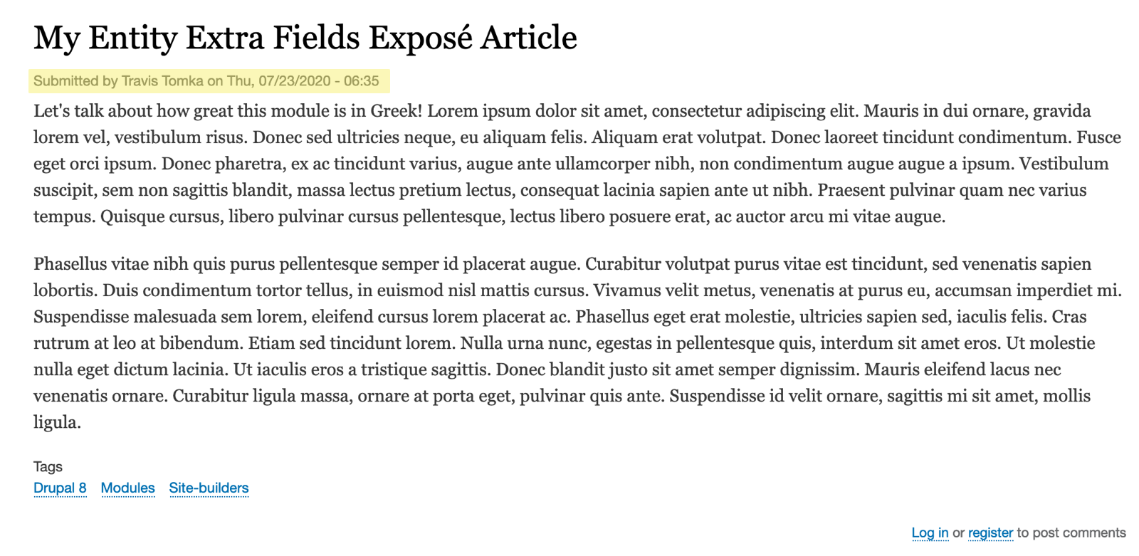 An article node with the author and publication date displayed beneath the article title