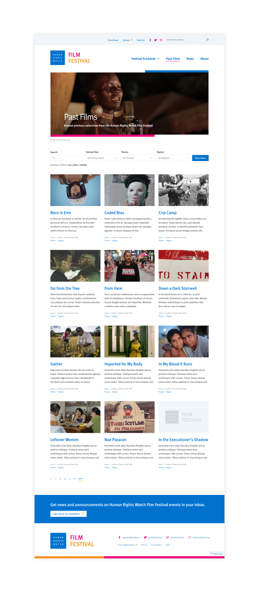 A screenshot of the ff.hrw.org website's past films page showing a filterable list of films