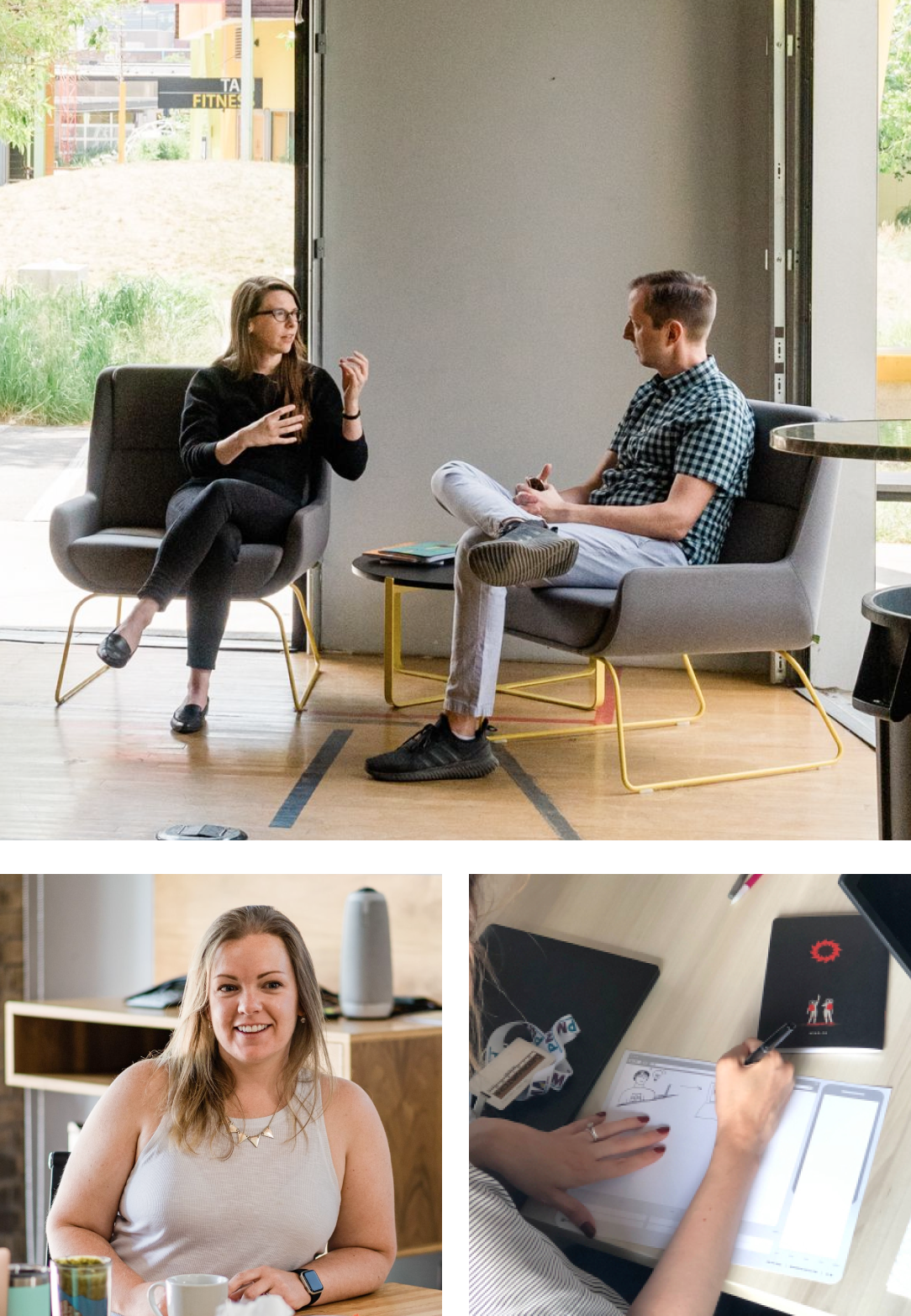 A collage of 3 photos. The first is of Aten's VP of Design, Ken Woodworth, and Senior UX/UI Designer, Kathryn Sutton, having a conversation in a coffee shop. The second is a portrait of Michaela Blackham – Aten's Accessibility and QA Specialist. The third is a close-up of a designer sketching ideas in one of Aten's sketchbooks.