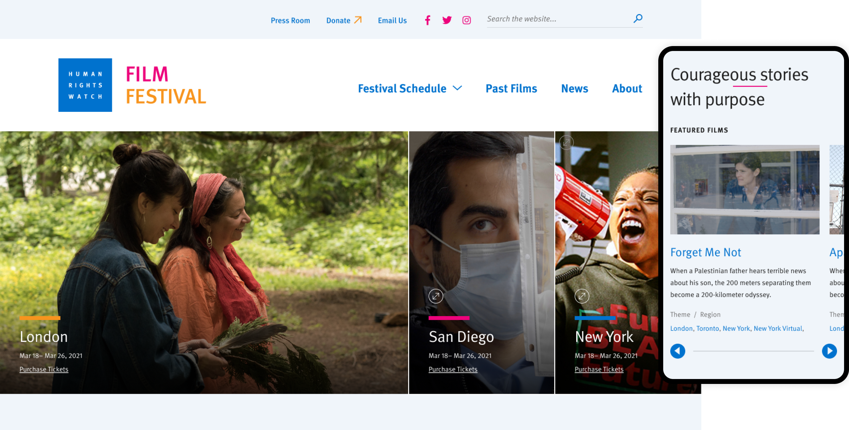 Two screenshots of the HRW Film Festival website. A large screenshot of the desktop home page and a smaller screenshot of the mobile view of featured films