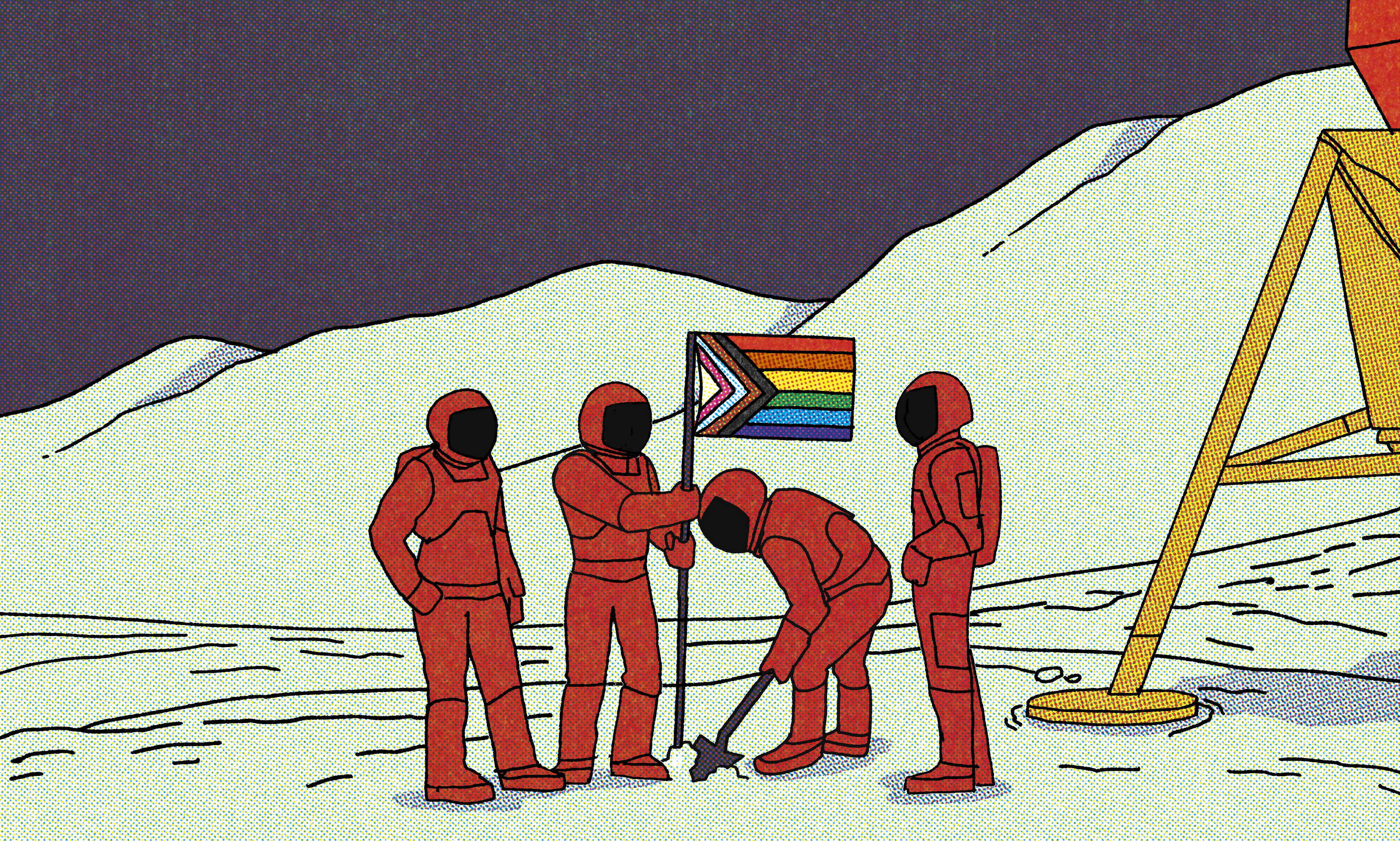 Ate Pride Month blog post illustration: astronauts putting up a pride flag on the moon
