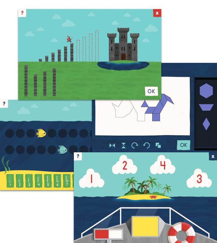 A collage of screenshots from various educational games developed for the Connect 4 Learning platform.