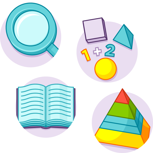 Colorful cartoon illustrations of a magnifying glass, an open book, 3 dimensional primitive shapes and numbers.