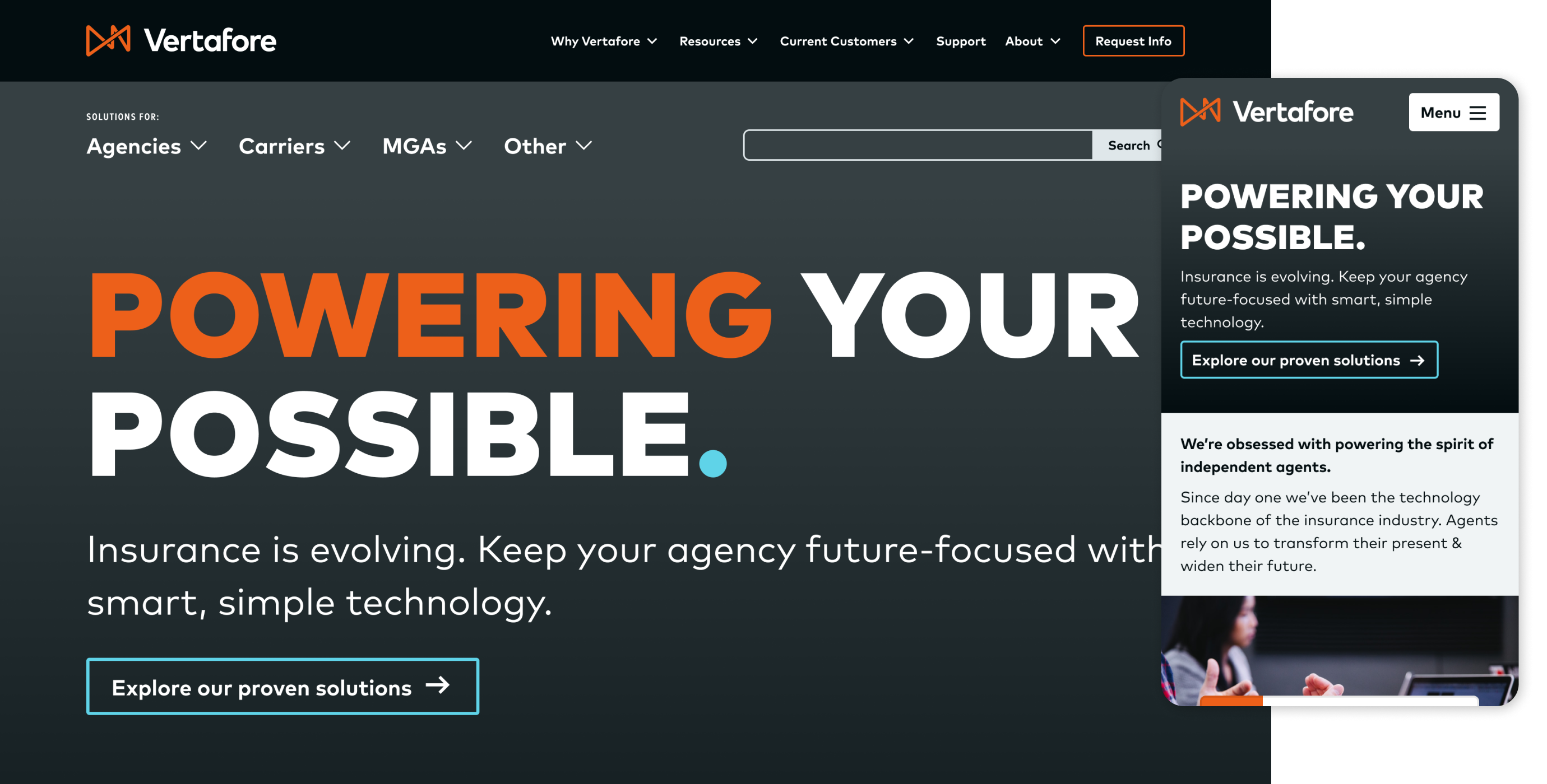 Screenshot of Vertafore's new site's homepage on desktop and mobile