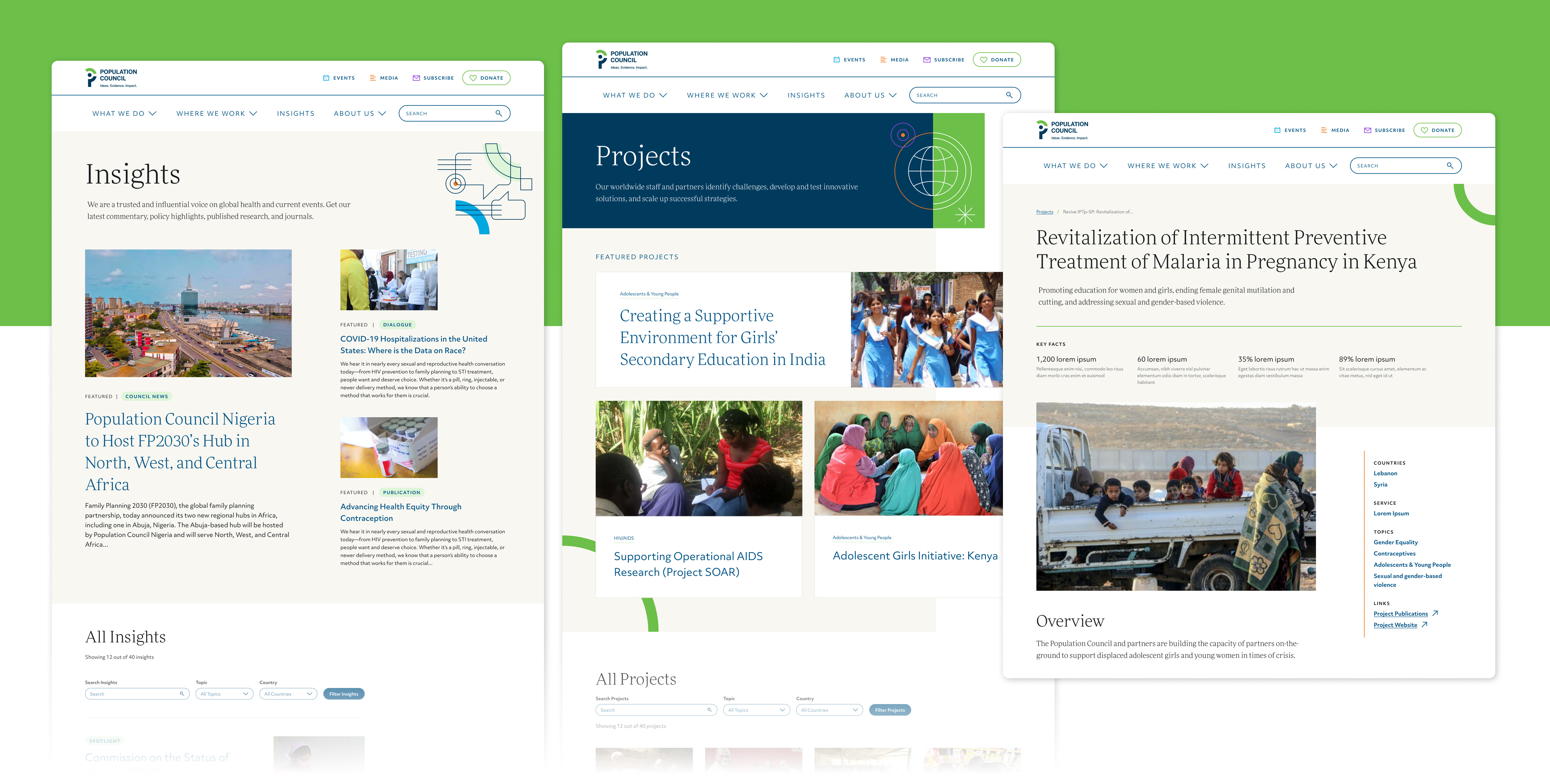 Screenshots of new Insights and Projects pages of the website