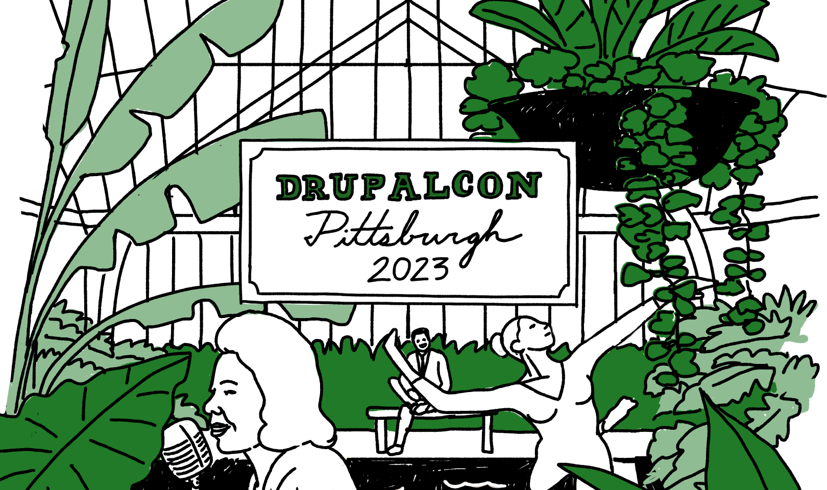 Illustration of the Phipps Conservatory with some famous people of Pittsburgh and text: "DrupalCon Pittsburgh 2023"