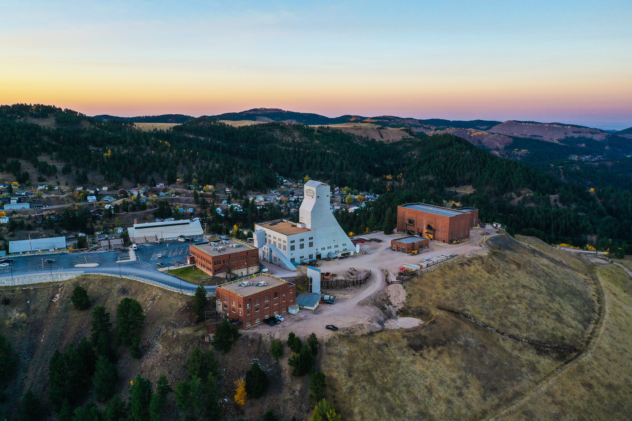 Birds' eye view of Sanford Underground Research Facility at sunset