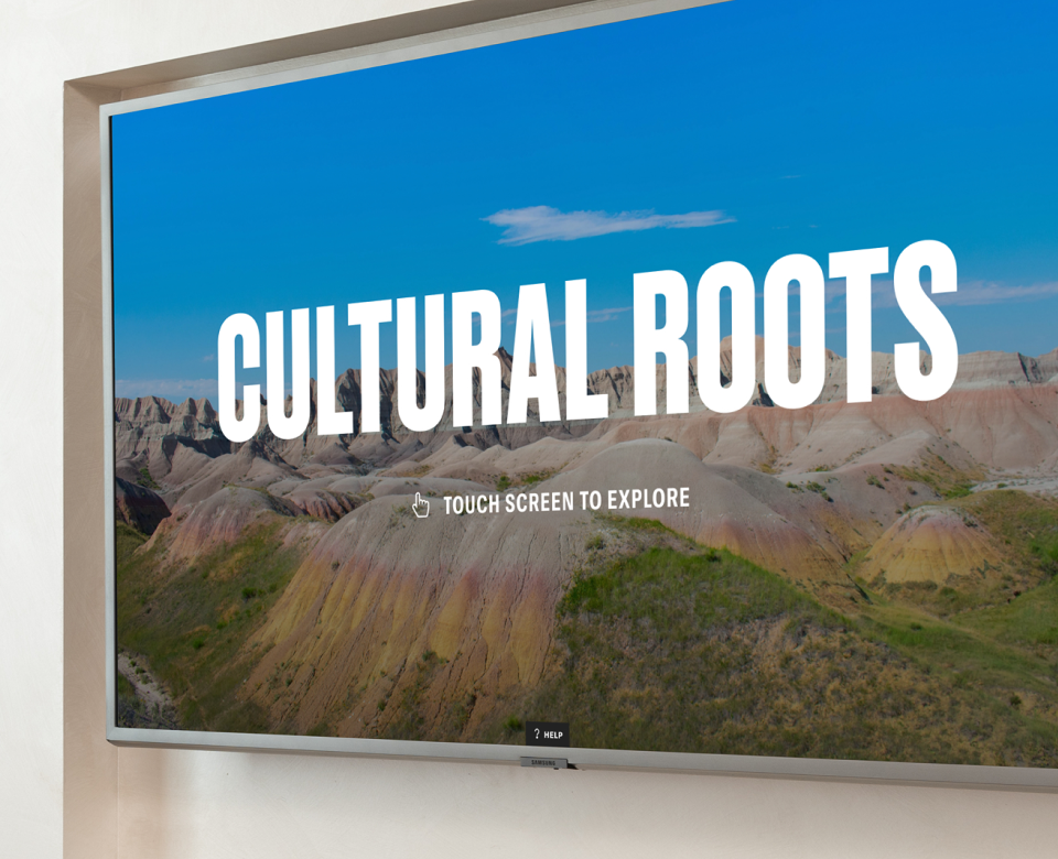 SURF visitor center digital kiosk showing 'Cultural Roots' information