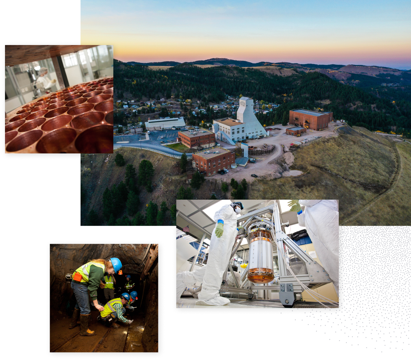 Photos of inside and outside of the Sanford Underground Research Facility