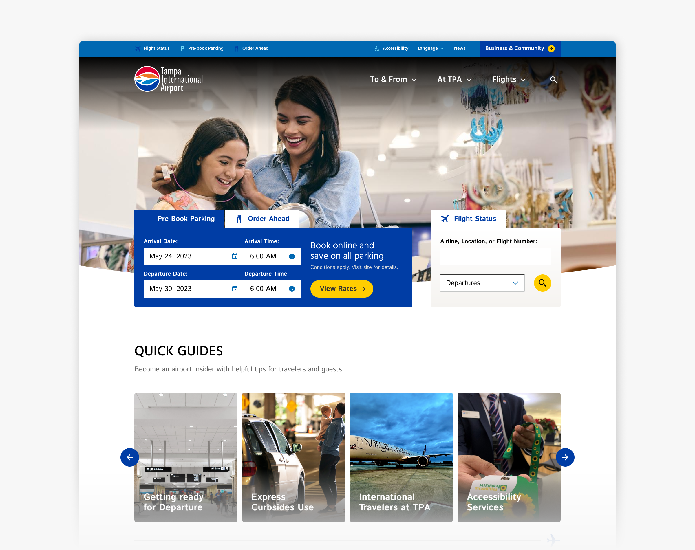 Homepage of Tamp International Airport with pre-booking parking displayed