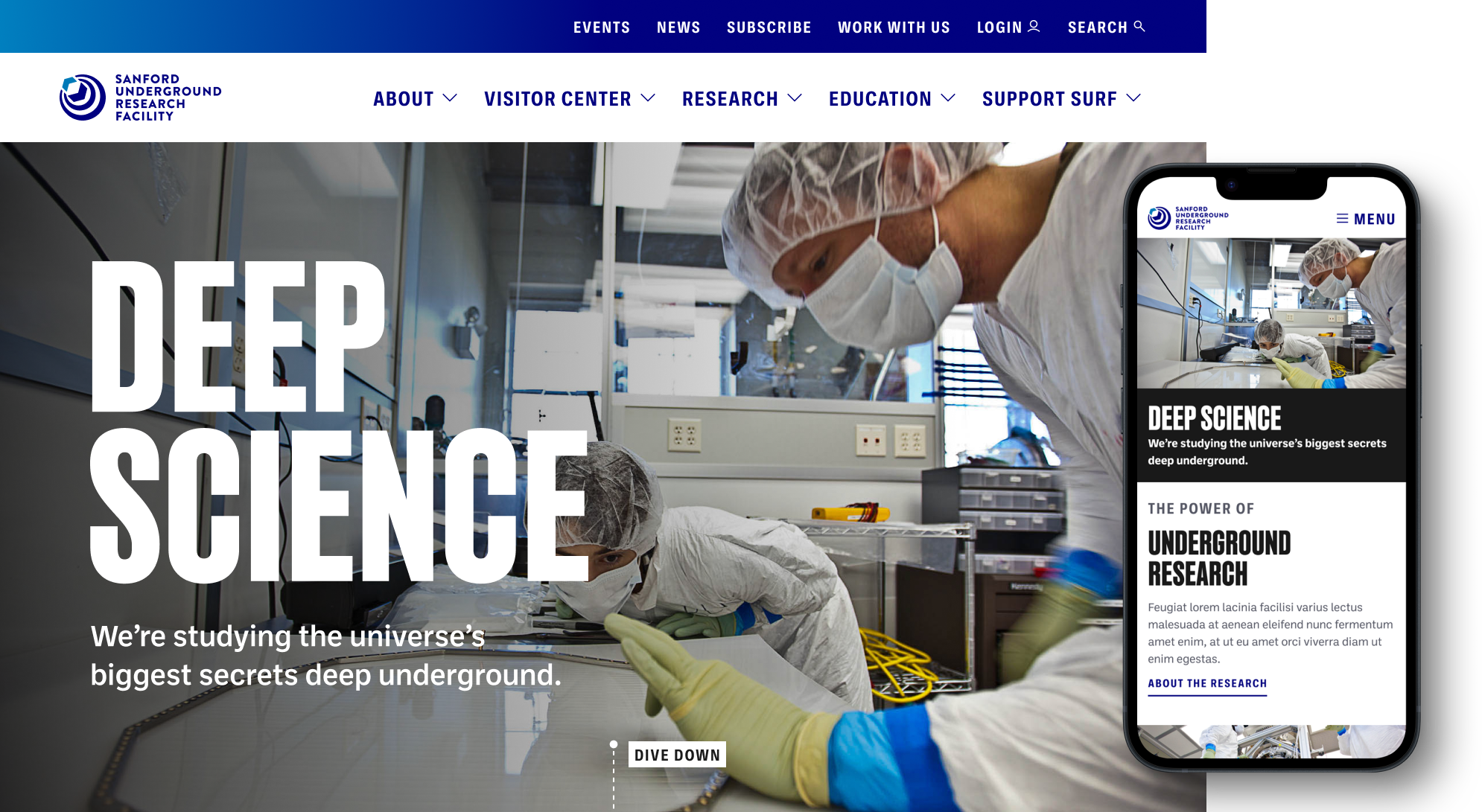 Screenshot of Sanford Underground Research Facility website