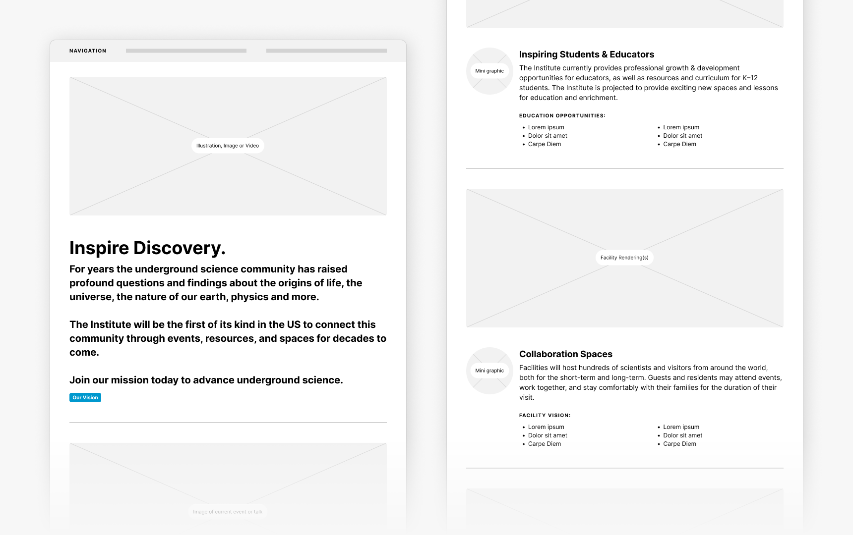 Website wireframes for the Institute for Underground Science at SURF