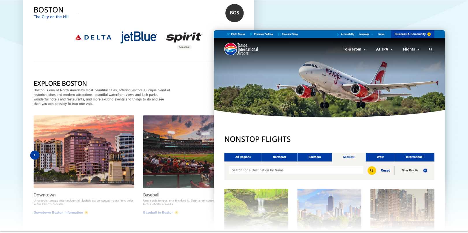 Screenshots showing two pages of the non stop flight section of TPA website