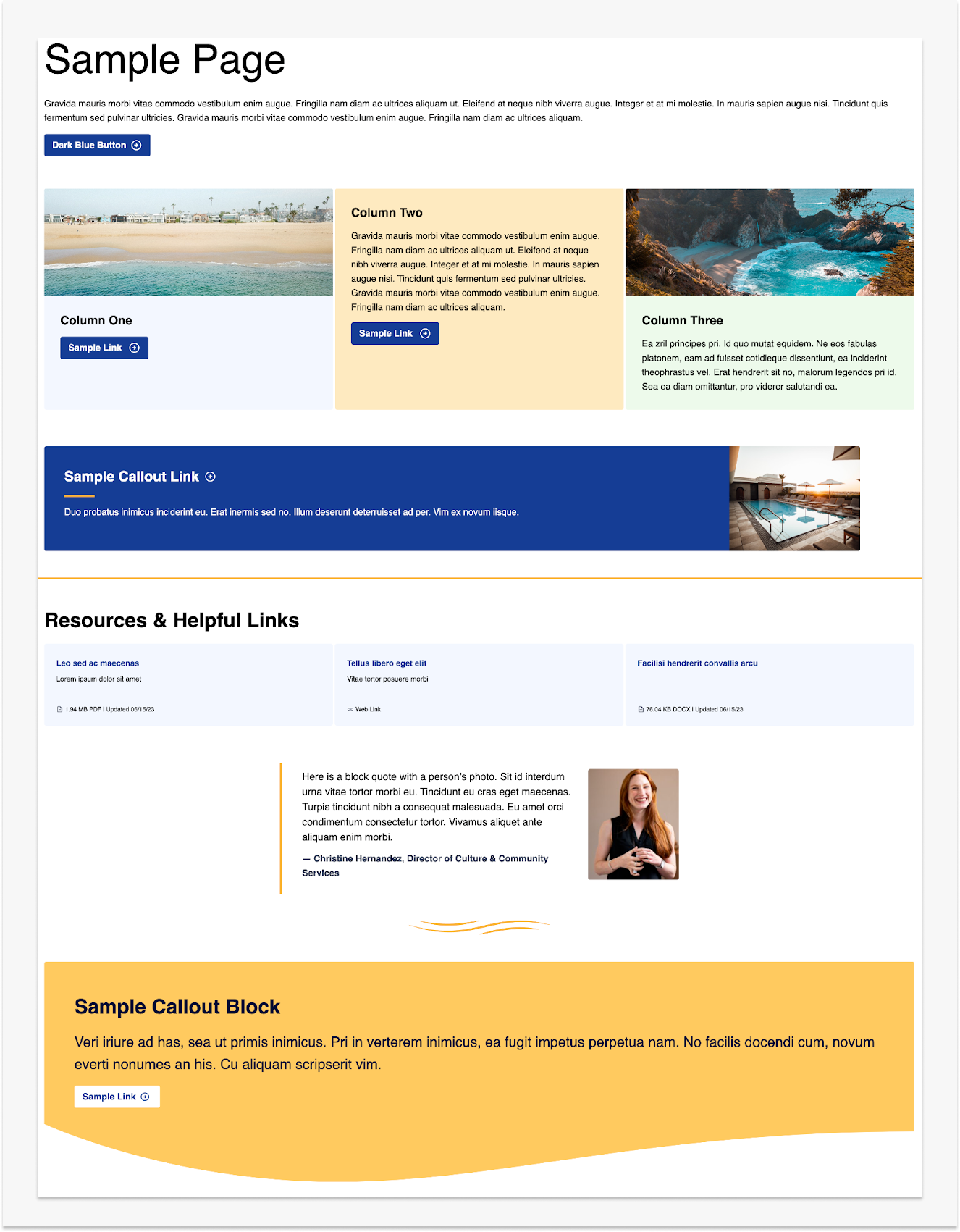 sample page template built with custom content blocks including columns, callouts, resources, dividers, pullquotes, headings, and text content.