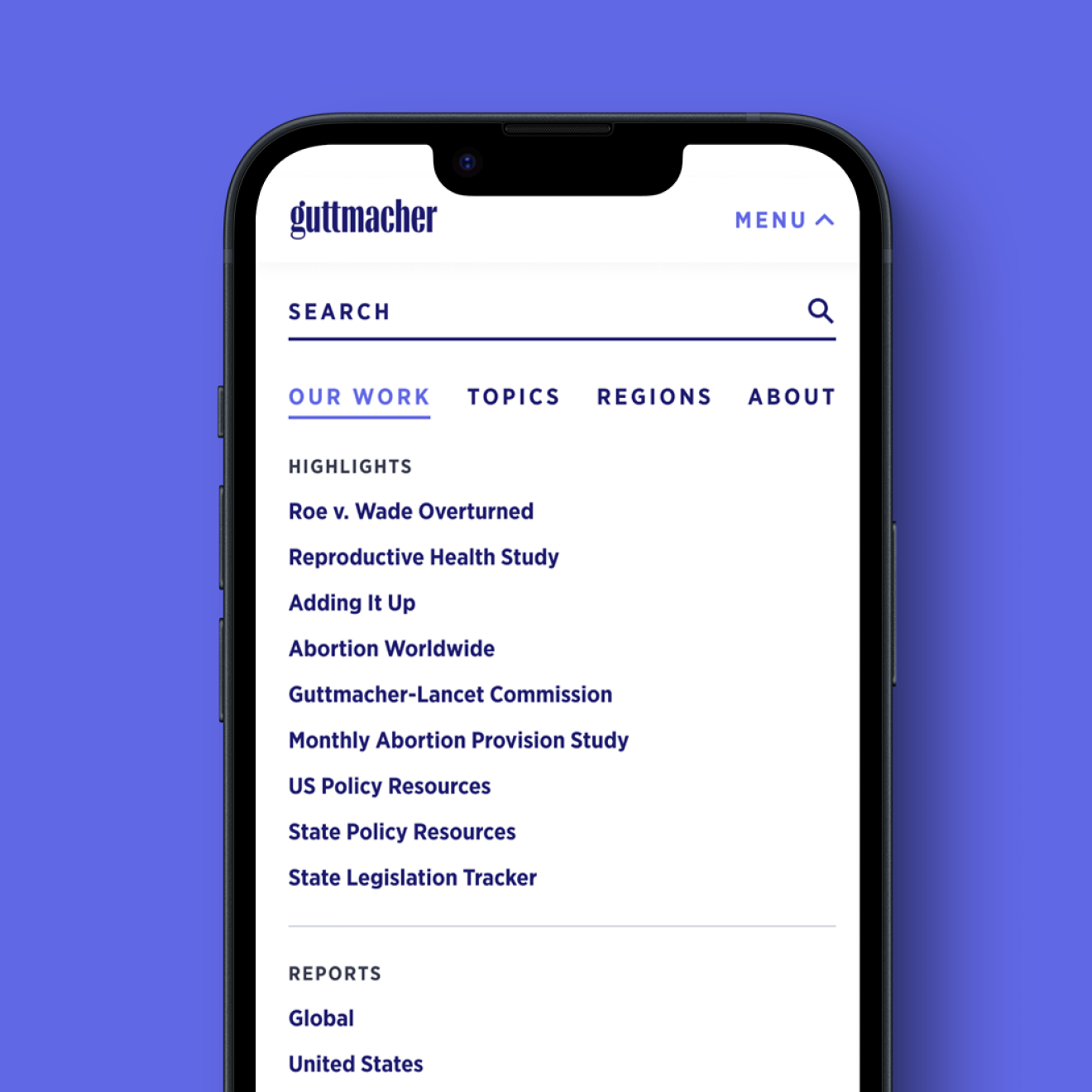 Guttmacher.org menu navigation on mobile devise over purple background
