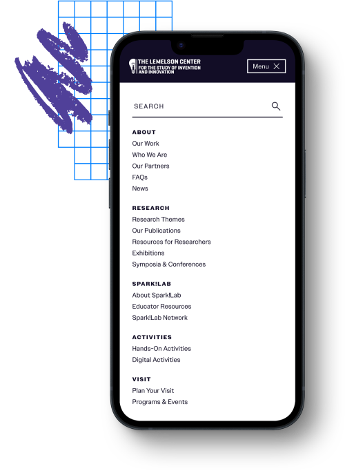 Lemelson website menu navigation on mobile device