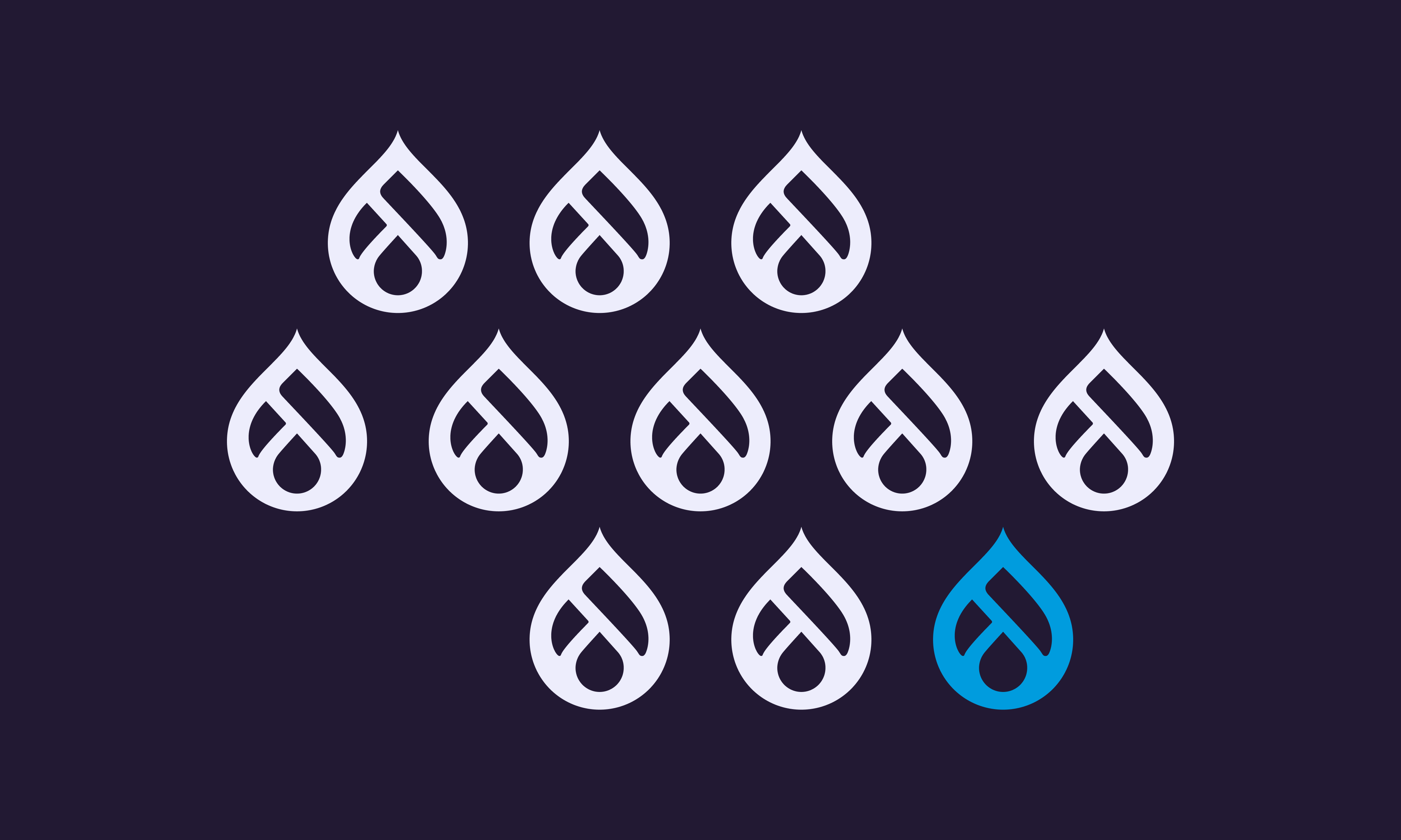 Ten white Drupal logos and one blue Drupal logo