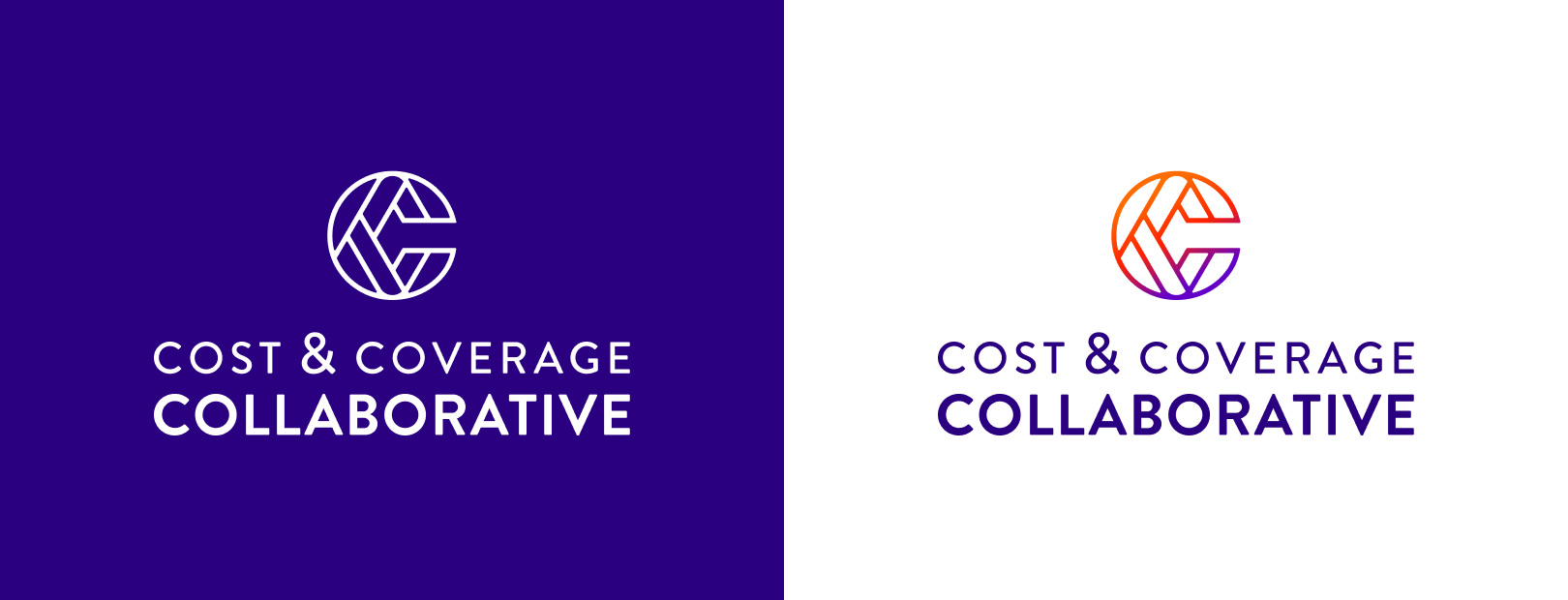 New Cost & Coverage Collaborative in white on a purple background next to the color version on a white background