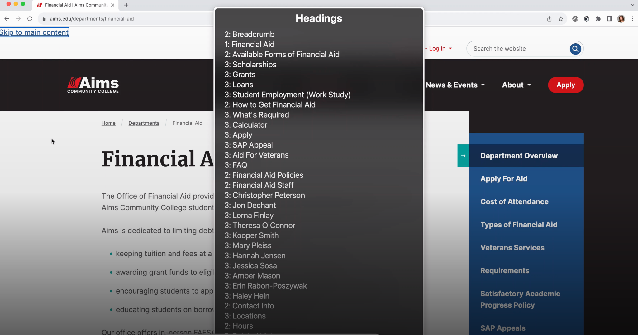 Screenshot displaying the navigation of the page with Voice Over screen reader