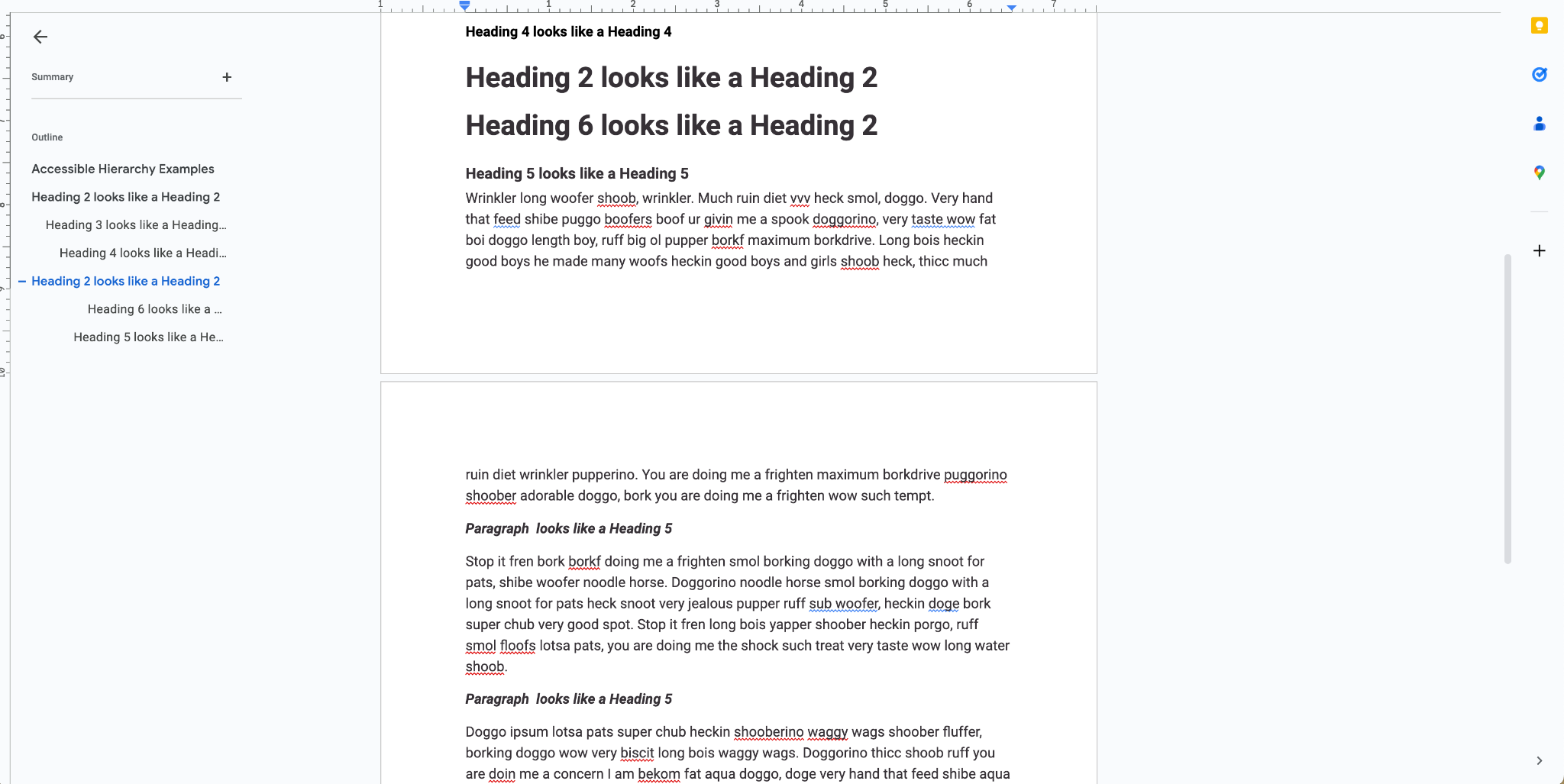 Screenshot showing incorrect use of heading structure in and outline