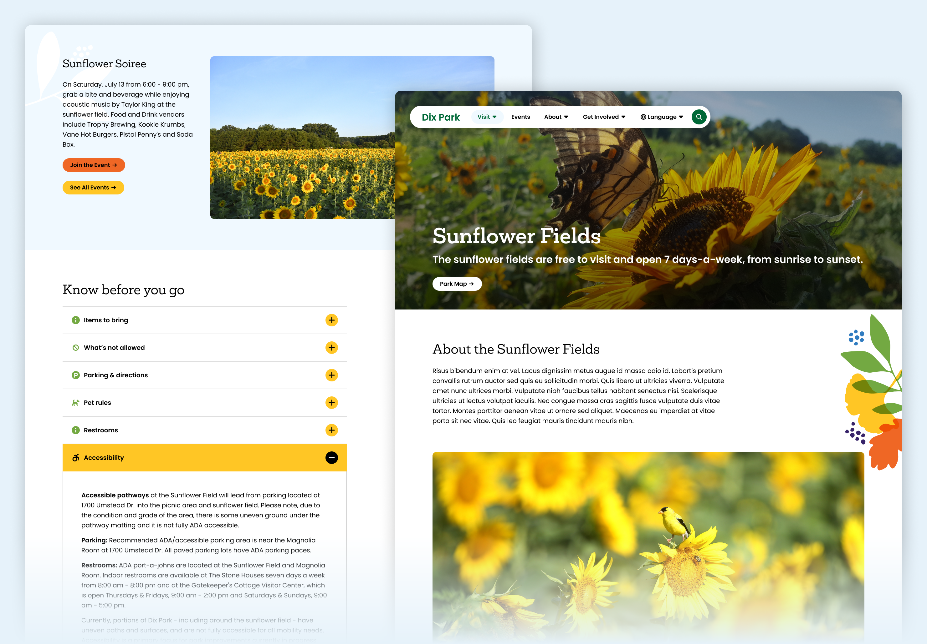 Events page showing Sunflower Fields event