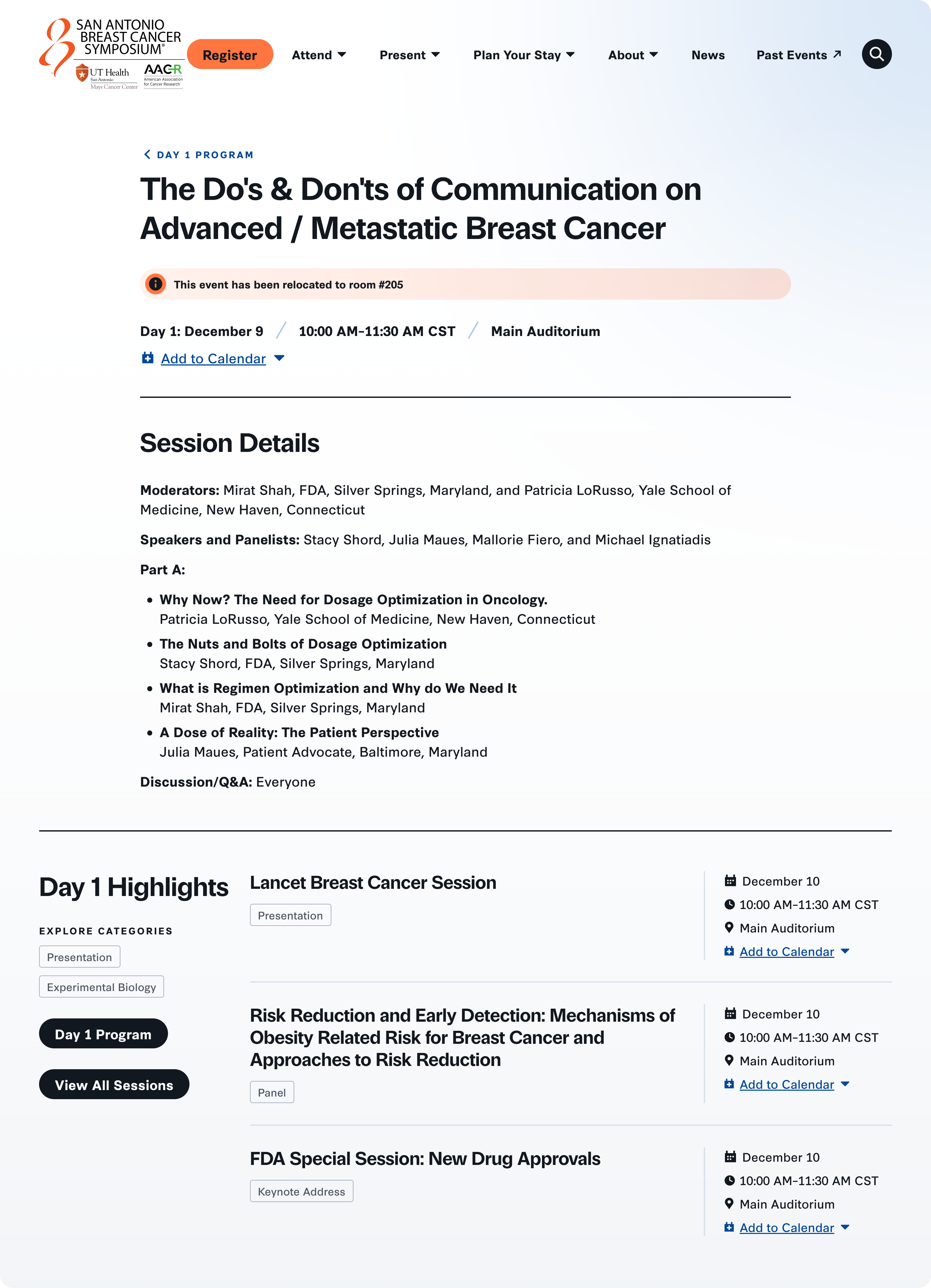 Program session details and program highlight listing