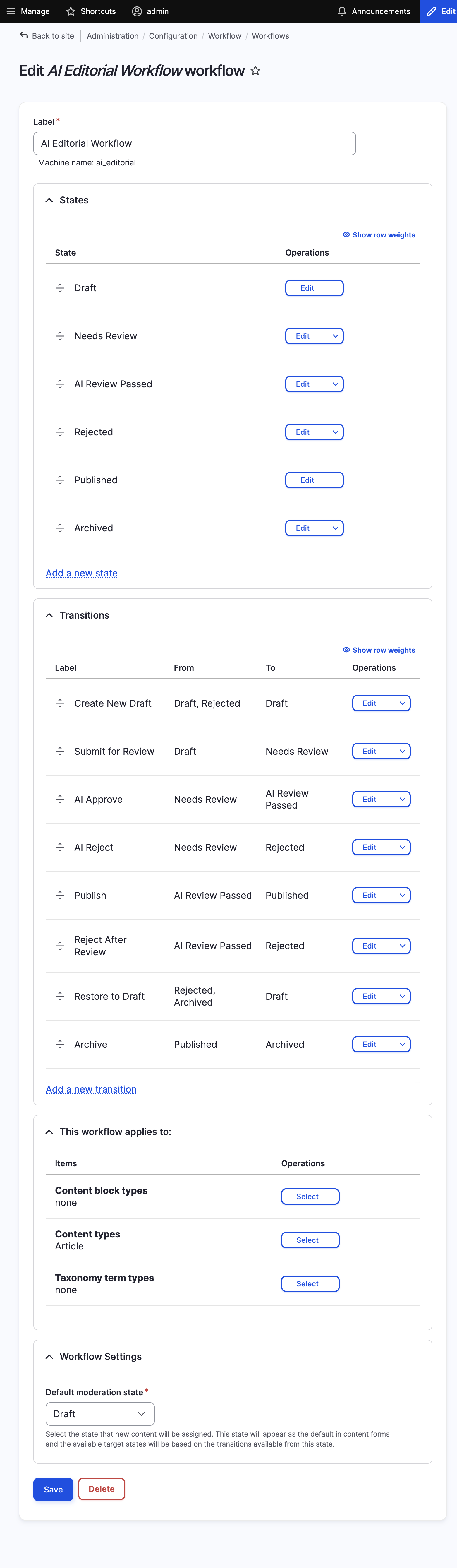 Screenshot of the workflow states UI in Drupal
