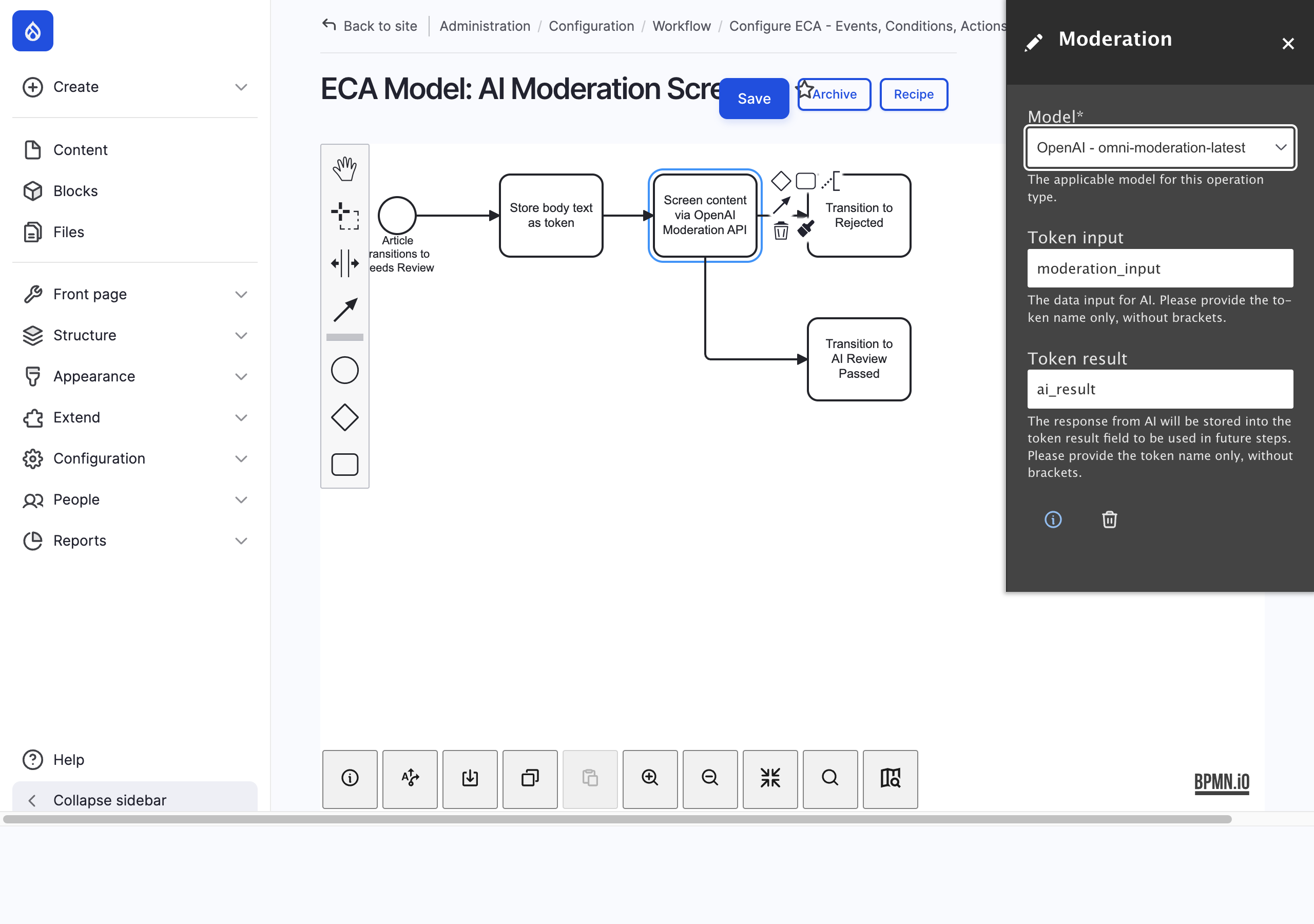 Moderation action configuration panel
