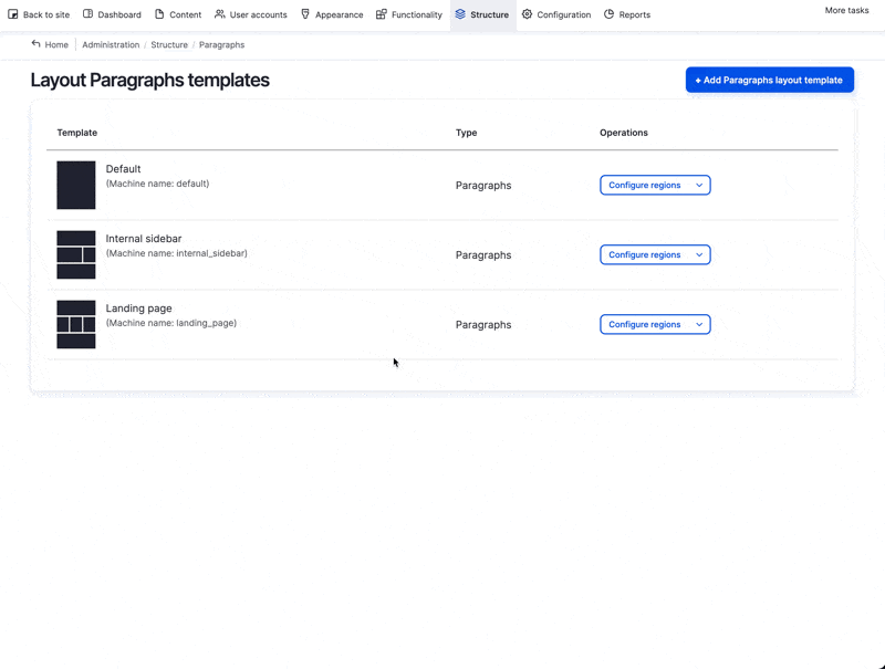 Animation showing off the Layout Pargraphs UI in Backdrop CMS