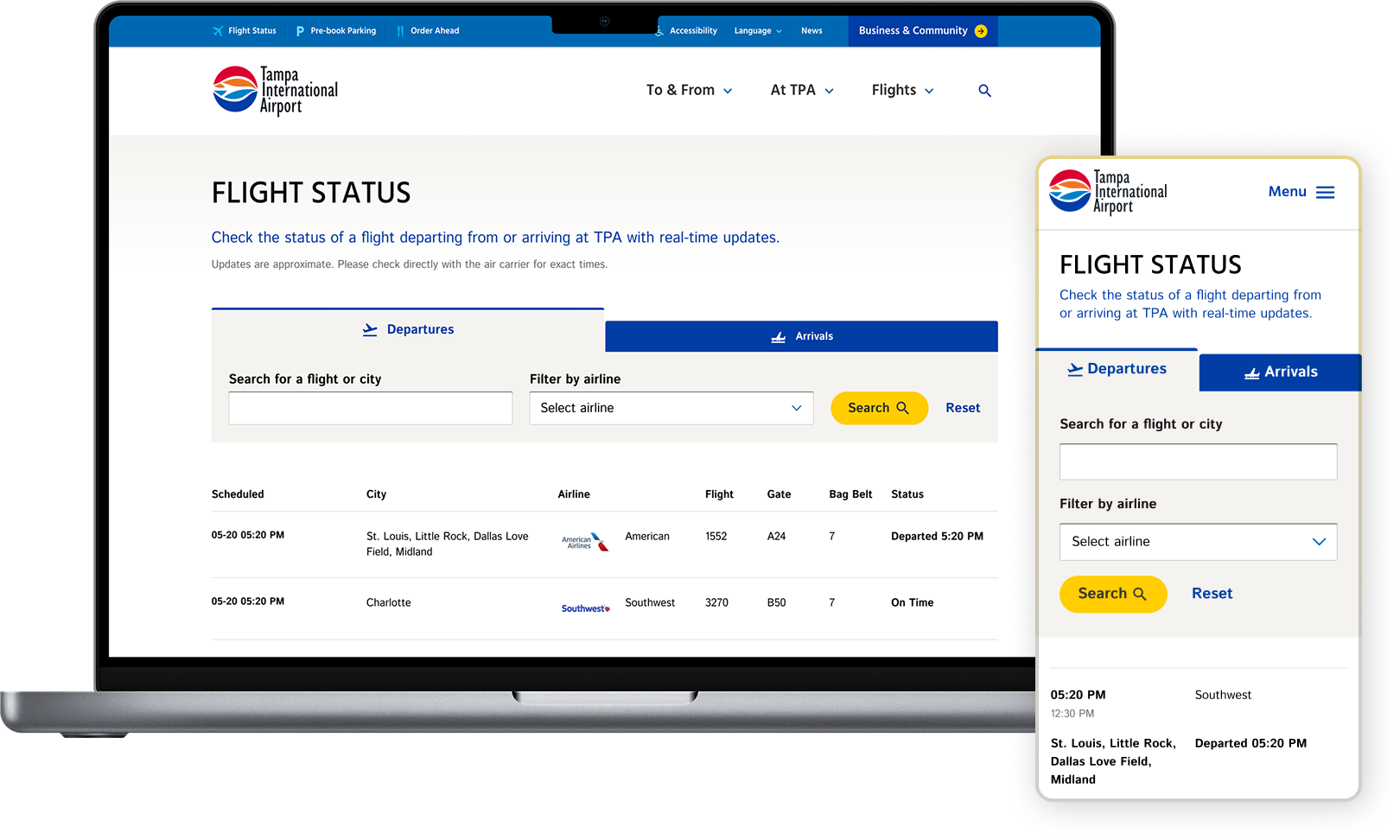 Desktop and mobile screenshots of the flight tracker application.