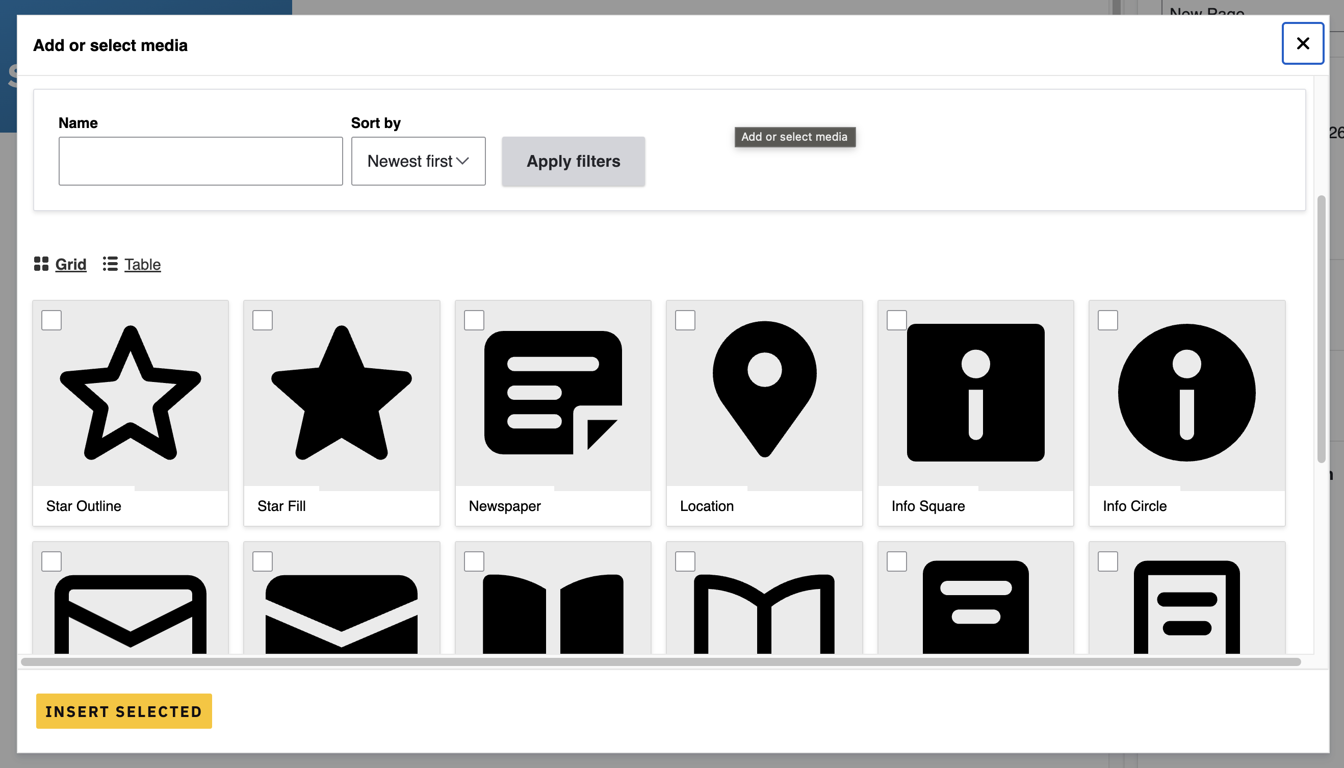Drupals Media Library UI with SVG icons shown