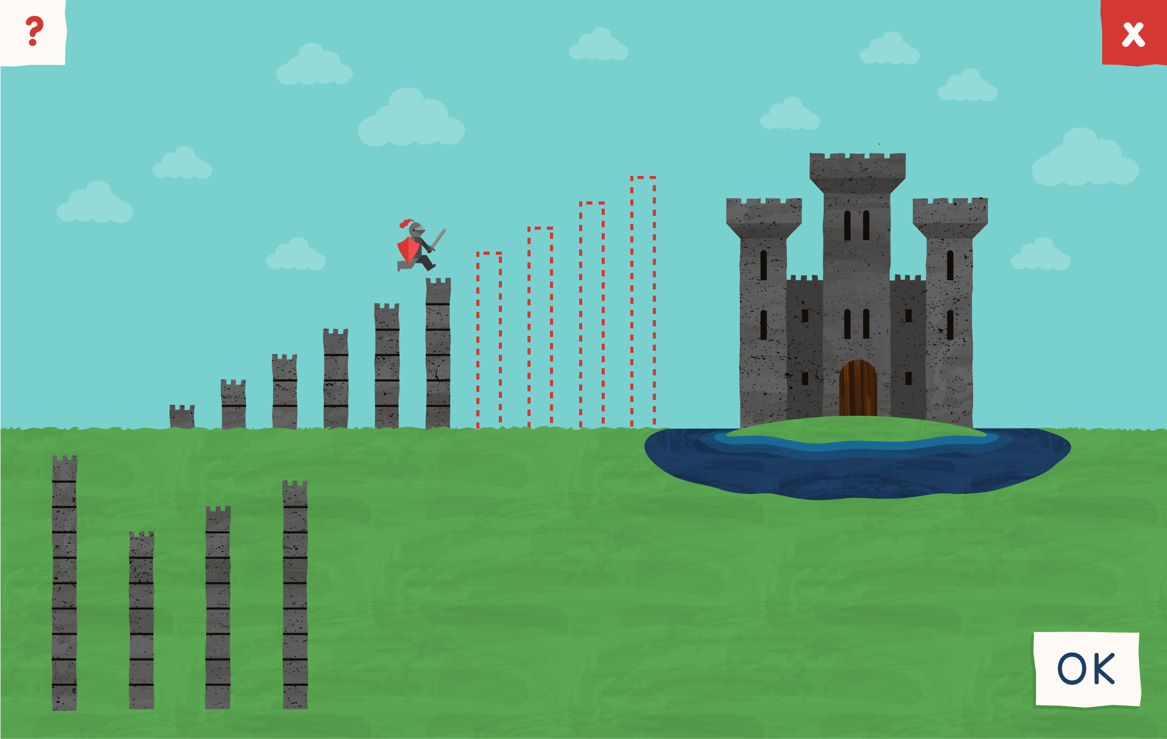 Connect4Learning's game screen with a castle, towers and knight