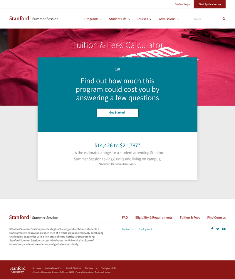 Design Comps for the Stanford Summer Session Tuition and Fees Calculator