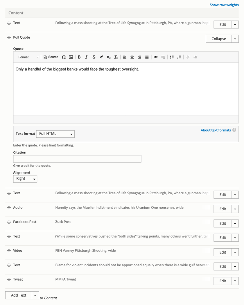 Complex form for adding different types of content called paragraphs