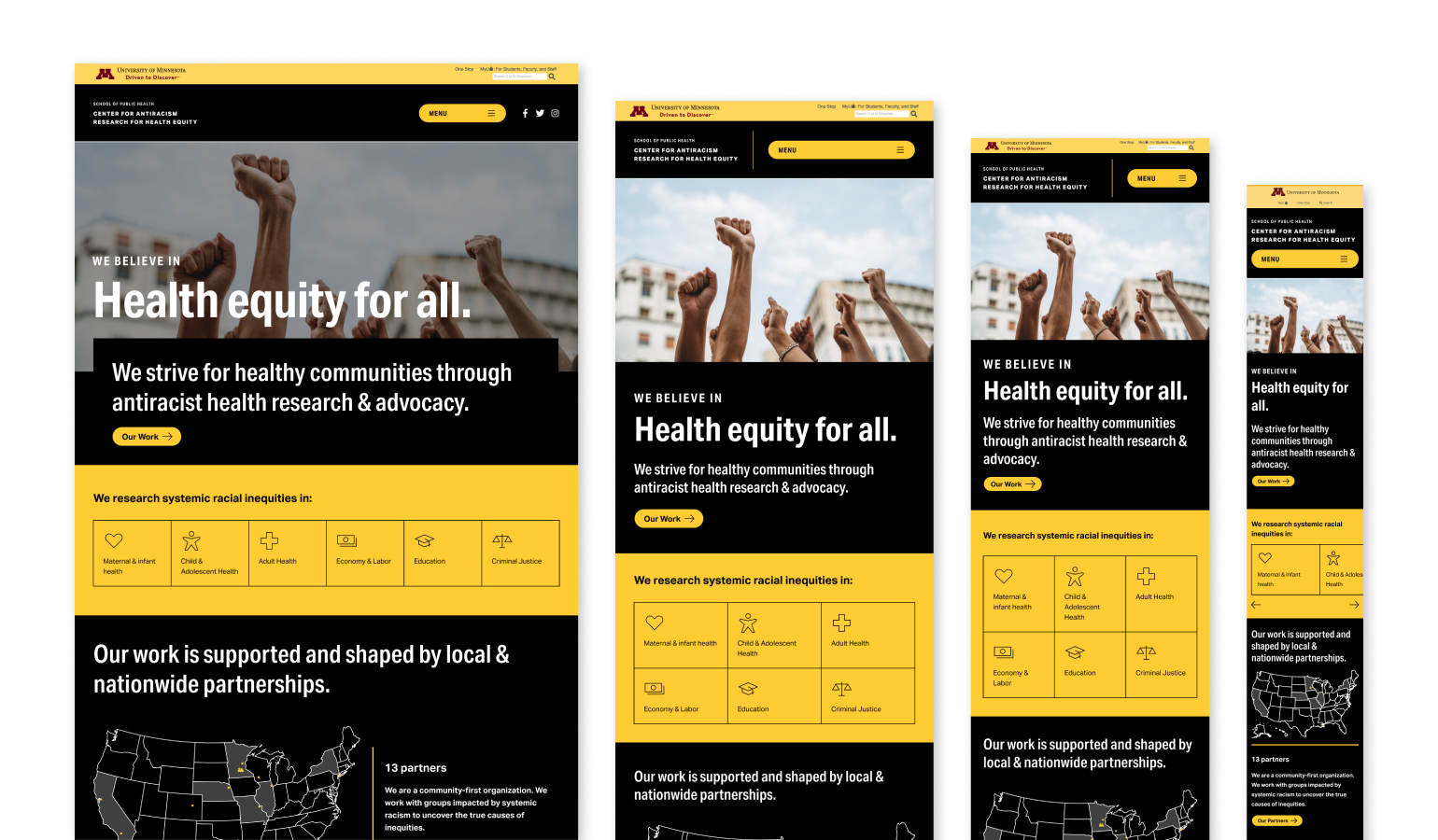 Screenshots of University of Minnesota Center for Antiracism Research for Health Equity Homepage
