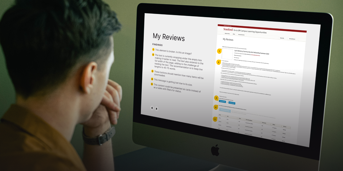 Person reviewing a design audit report on a computer screen