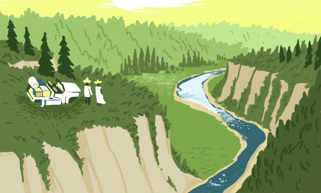 Illustration of two people on a cliff overlooking a river.