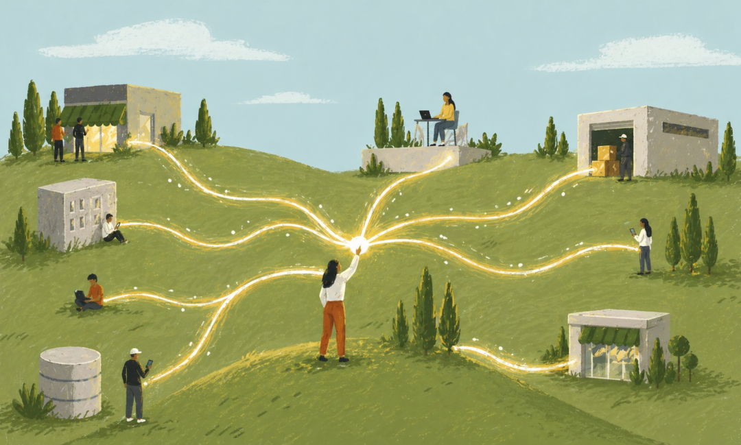 Stylized illustration of a person triggering a central connection point, with glowing lines radiating out to different systems and people, representing real-time data flow.