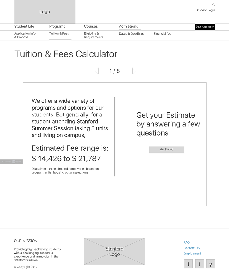 Wireframes for the Stanford Summer Session Tuition and Fees Calculator